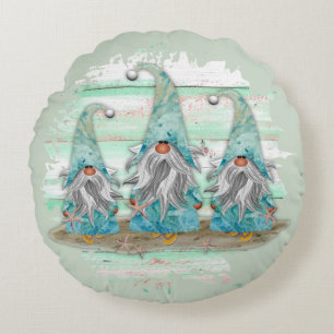 Tropical Blue Watercolor Beach Gnomes Round Cushion
