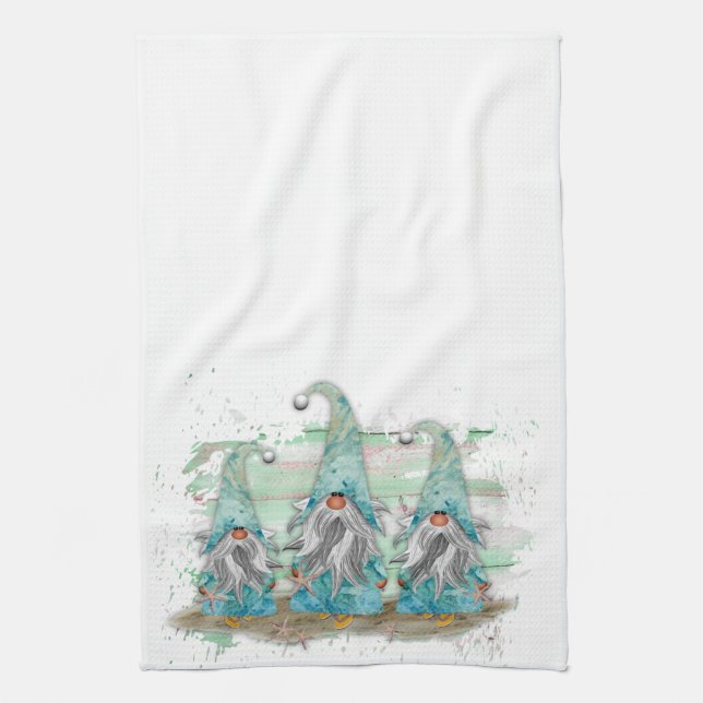 Tropical Blue Watercolor Beach Gnomes Tea Towel (Vertical)