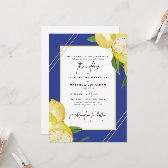 Tropical Blue &Watercolor Lemon Wedding  Invitation (Front/Back In Situ)