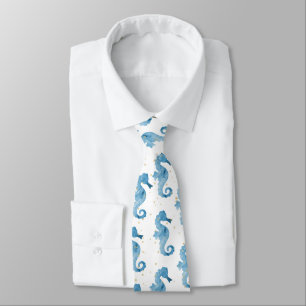 Tropical Blue Watercolor Seahorse Pattern Tie