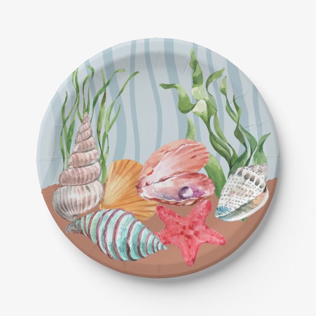 Tropical Blue Watercolor Seashell Beach Wedding Paper Plate (Front)