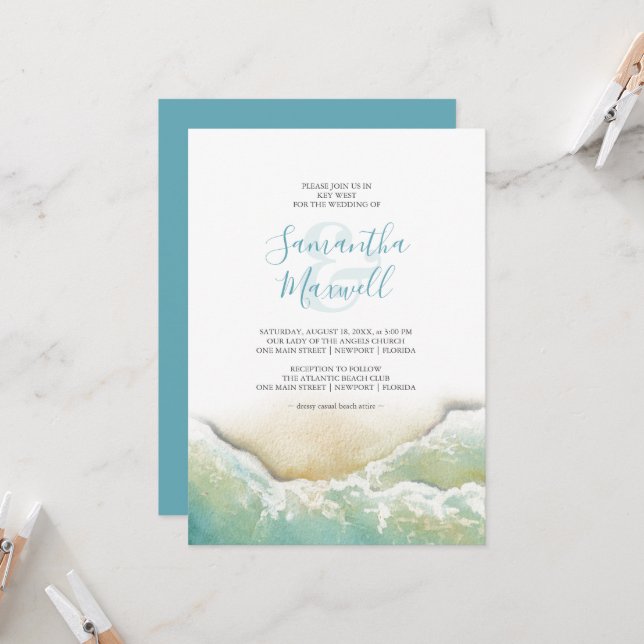 Tropical Blue Watercolor Shoreline Wedding Invitat Invitation (Front/Back In Situ)