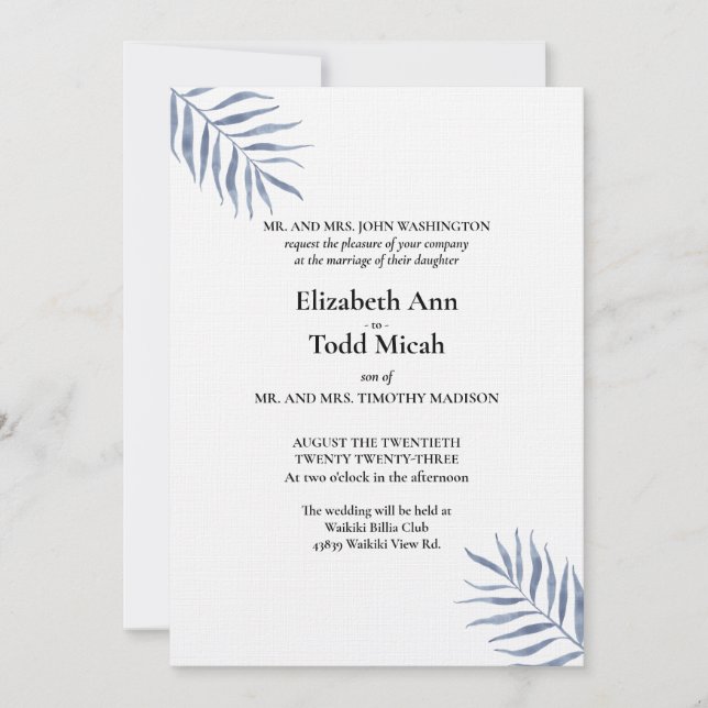 Tropical Blue Watercolor Wedding Invitation (Front)