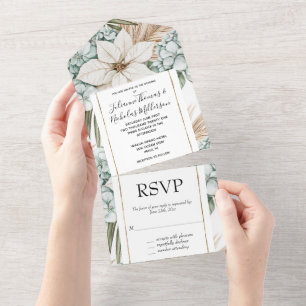 Tropical Blue White Floral Wedding All In One Invitation