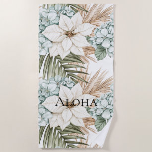Tropical Blue White Flowers Beach Towel