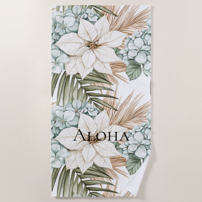 Tropical Blue White Flowers   Beach Towel (Front)