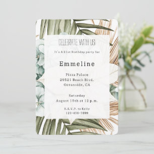 Tropical Blue White Flowers Birthday Invitation