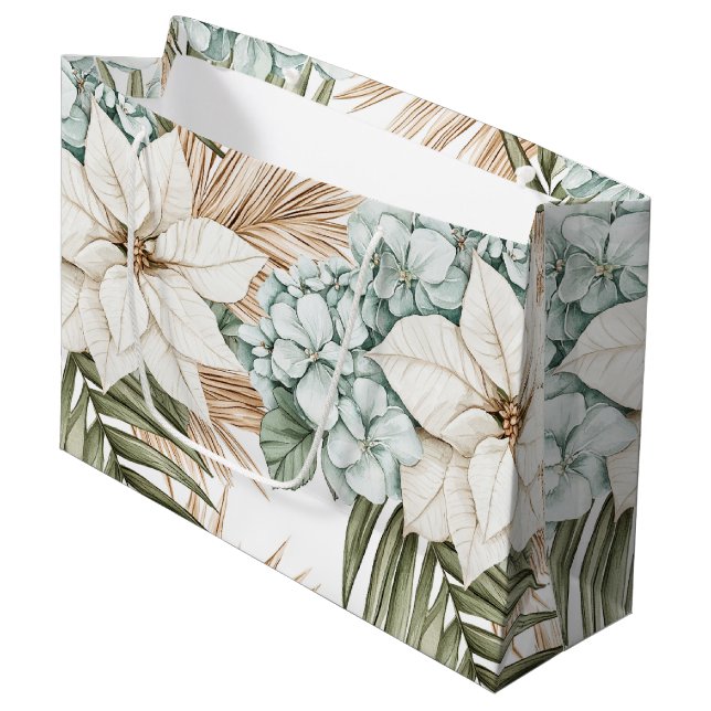 Tropical Blue White Flowers Bridal Shower Large Gift Bag (Front Angled)
