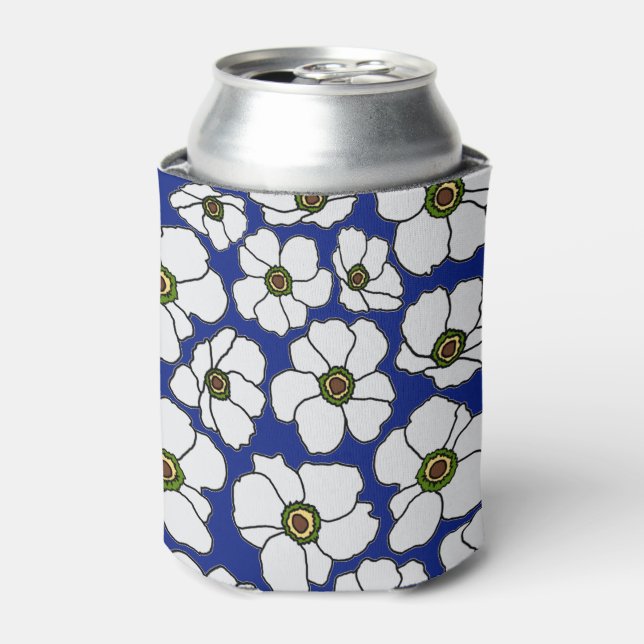 Tropical Blue White Flowers  Can Cooler (Can Front)