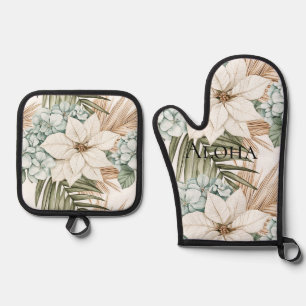 Tropical Blue White Flowers Oven Mitt & Pot Holder Set