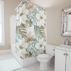 Tropical Blue White Flowers Shower Curtain