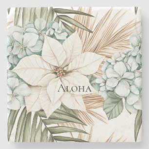 Tropical Blue White Flowers Stone Coaster