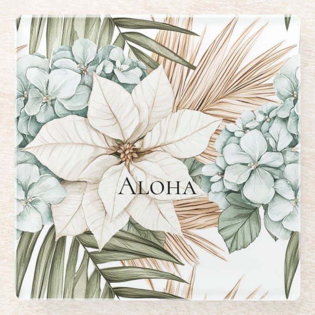 Tropical Blue White Flowers Wedding Glass Coaster (Front)