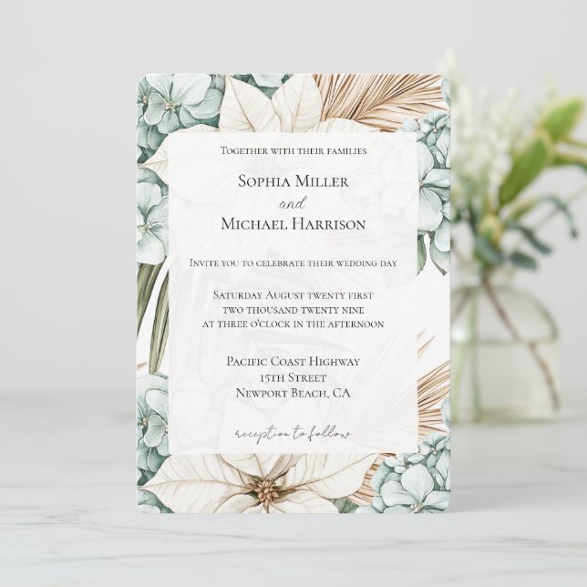 Tropical Blue White Flowers Wedding Invitation (Standing Front)