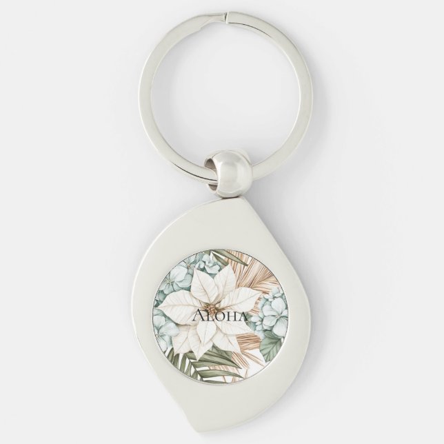 Tropical Blue White Flowers Wedding Key Ring (Front)
