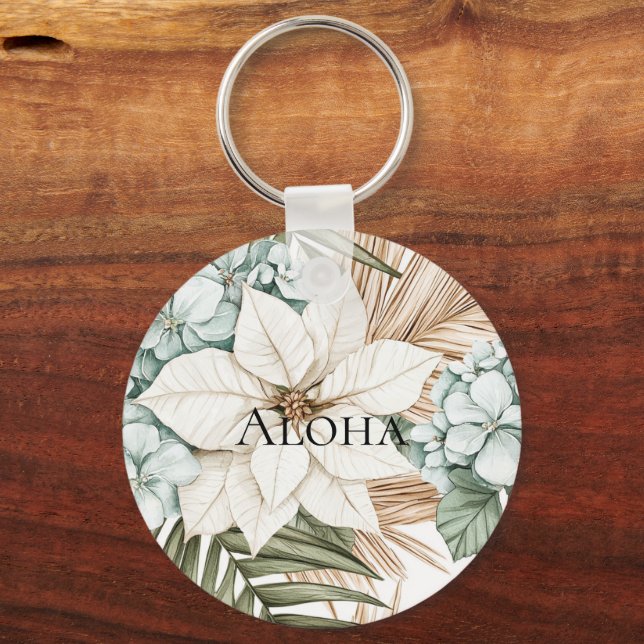 Tropical Blue White Flowers Wedding Key Ring (Front)