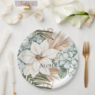Tropical Blue White Flowers Wedding Paper Plate