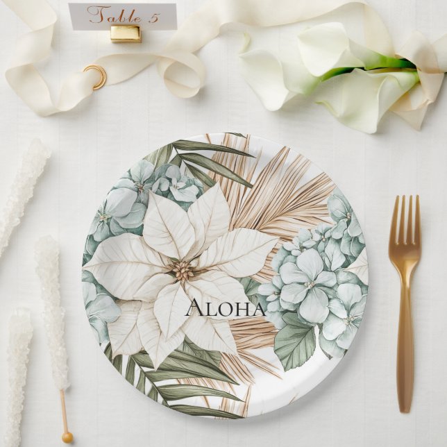 Tropical Blue White Flowers Wedding Paper Plate (Wedding)