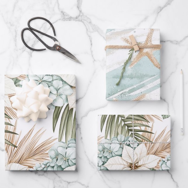 Tropical Blue White Flowers Wedding Wrapping Paper Sheet (Front)