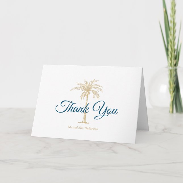 Tropical Blue White Gold Palm Tree Wedding Photo Thank You Card (Front)