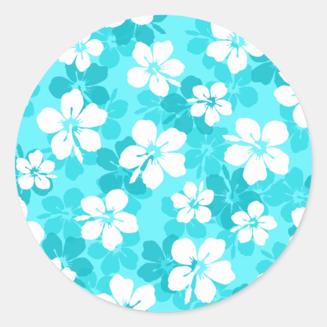 Tropical Blue White Hibiscus Flowers Pattern Classic Round Sticker (Front)