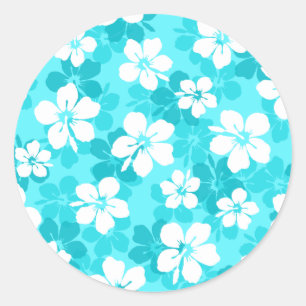 Tropical Blue White Hibiscus Flowers Pattern Classic Round Sticker