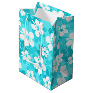 Tropical Blue White Hibiscus Flowers Pattern Medium Gift Bag