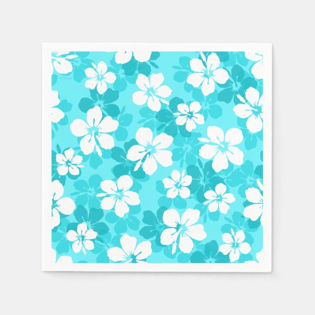 Tropical Blue White Hibiscus Flowers Pattern Napkin (Front)
