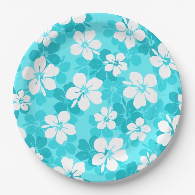 Tropical Blue White Hibiscus Flowers Pattern Paper Plate (Front)