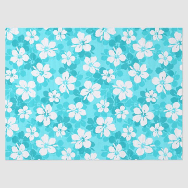 Tropical Blue White Hibiscus Flowers Pattern Tissue Paper (Front)