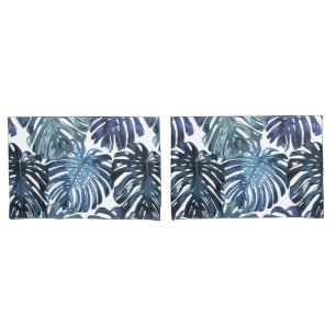 Tropical Blue White Jungle Leaves Pillowcase