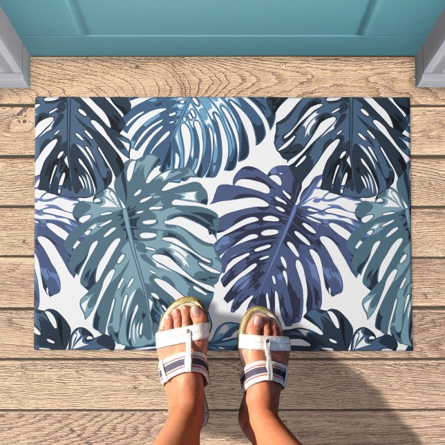 Tropical Blue White Monstera Leaves Pattern Doormat (Blue monstera leaf pattern doormat)