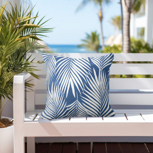 Tropical Blue White Palm Leaves Cushion