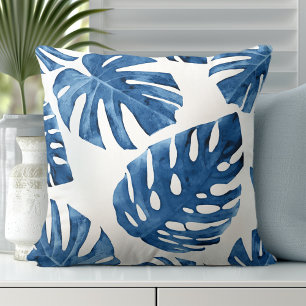 Tropical Blue White Palm Leaves Cushion