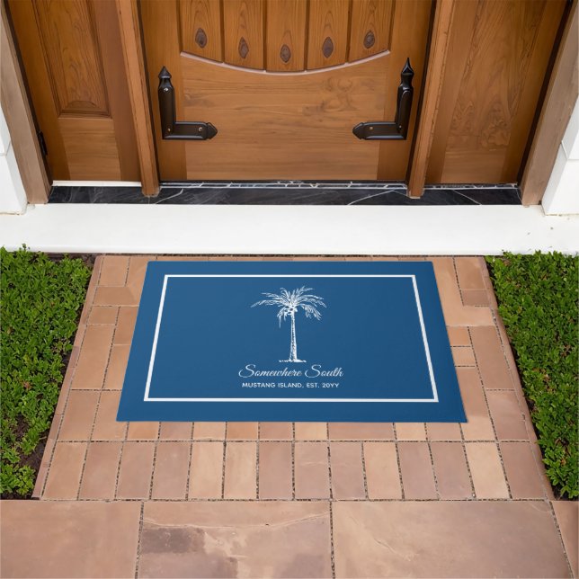 Tropical Blue White Palm Tree Personalised Doormat (Outdoor)