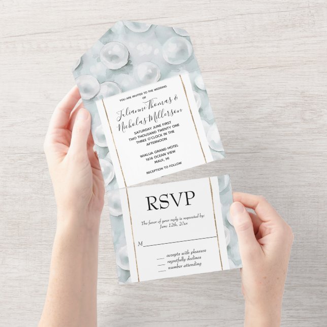 Tropical Blue White Pearls Wedding All In One Invitation (Tearaway)