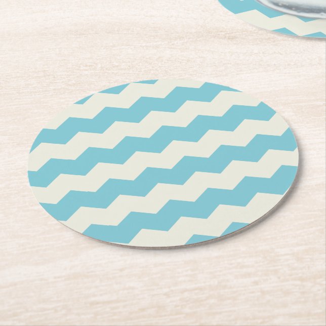 Tropical Blue White Sand Chevron Round Paper Coaster (Angled)