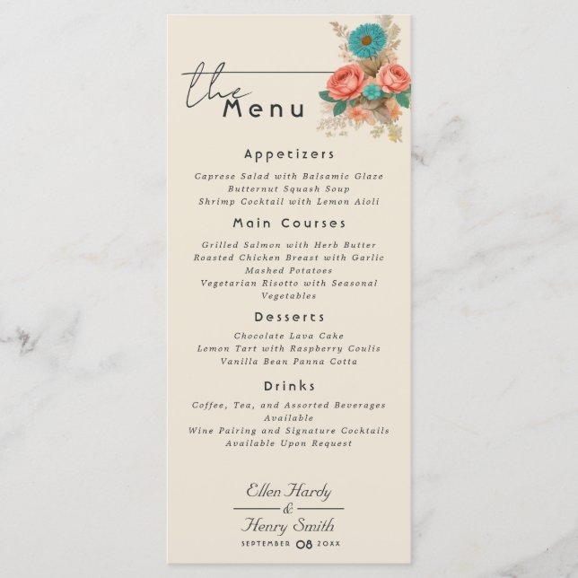 Tropical Blues & Greens Eco-Friendly Beach Wedding Menu (Front)