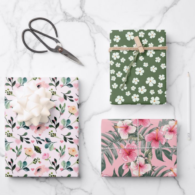 Tropical Blush Botanical 3 Wrapping Paper Sheet (Front)