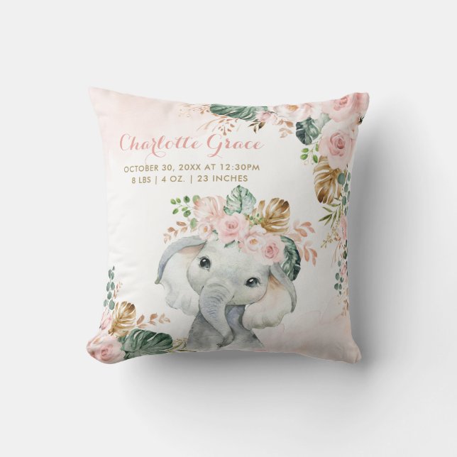 Tropical Blush Floral Elephant Baby Birth Stats Cushion (Front)
