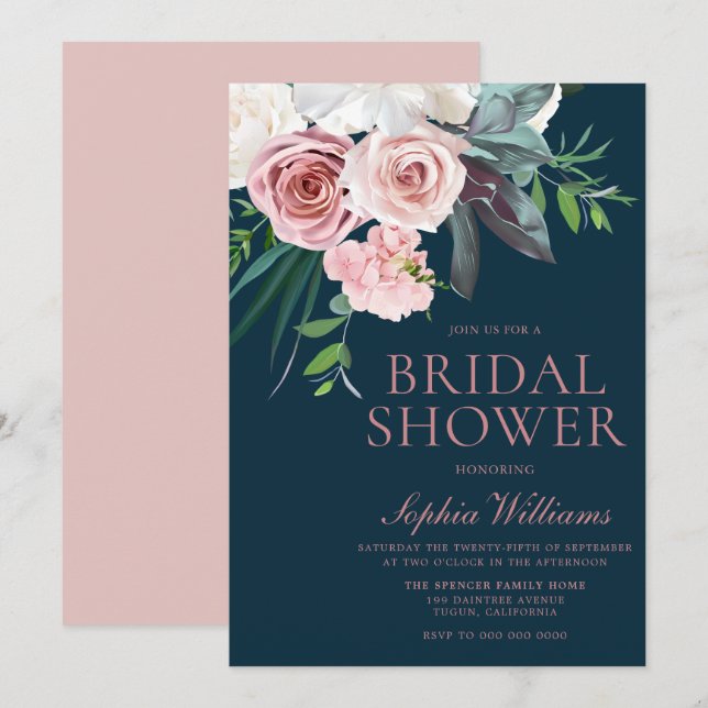 Tropical Blush Floral Modern Navy Bridal Shower Invitation (Front/Back)