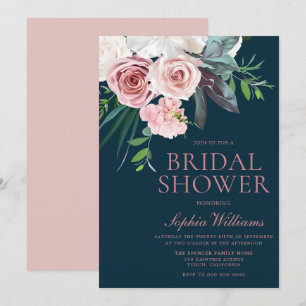 Tropical Blush Floral Modern Navy Bridal Shower Invitation