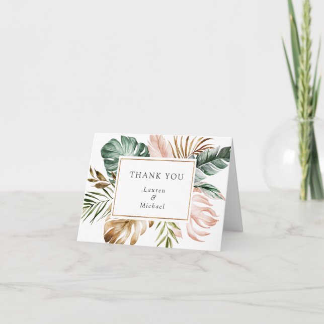 Tropical Blush Gold Palm Leaves Thank You Card (Front)