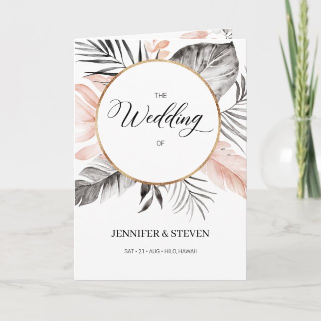Tropical Blush Grey Leaves Wedding Folded Program Programme (Front)