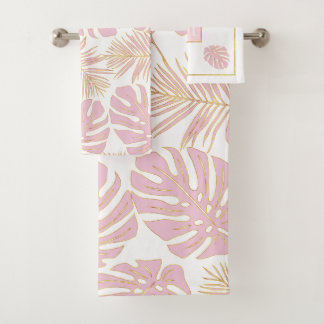 Tropical blush pink, gold leaves and monogram bath towel set
