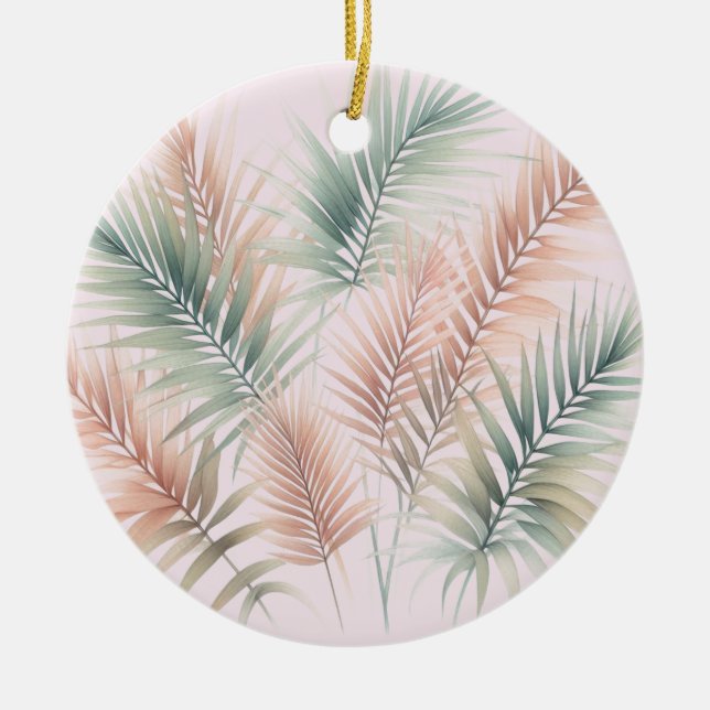 Tropical Blush Pink Green Palm Leaves Ceramic Tree Decoration (Front)