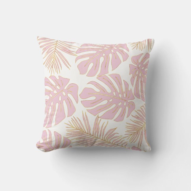 Tropical blush pink monstera leaves pattern cushion (Front)