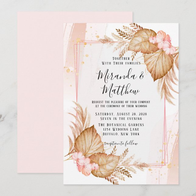 Tropical Blush Pink & Pampas Pink Wedding Invitation (Front/Back)
