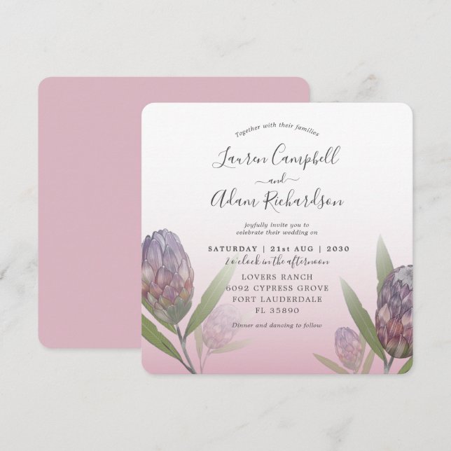 Tropical Blush Pink & Purple Floral Wedding Invitation (Front/Back)