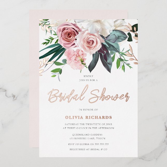 Tropical Blush Pink Roses Bridal Shower Rose Gold (Front/Back)